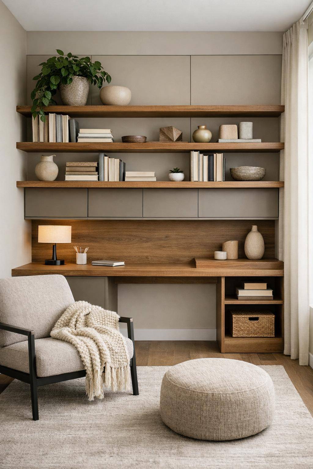 Ideen für Wandregale im Wohnzimmer- Kreiere ein Regal mit integriertem Arbeitsplatz
