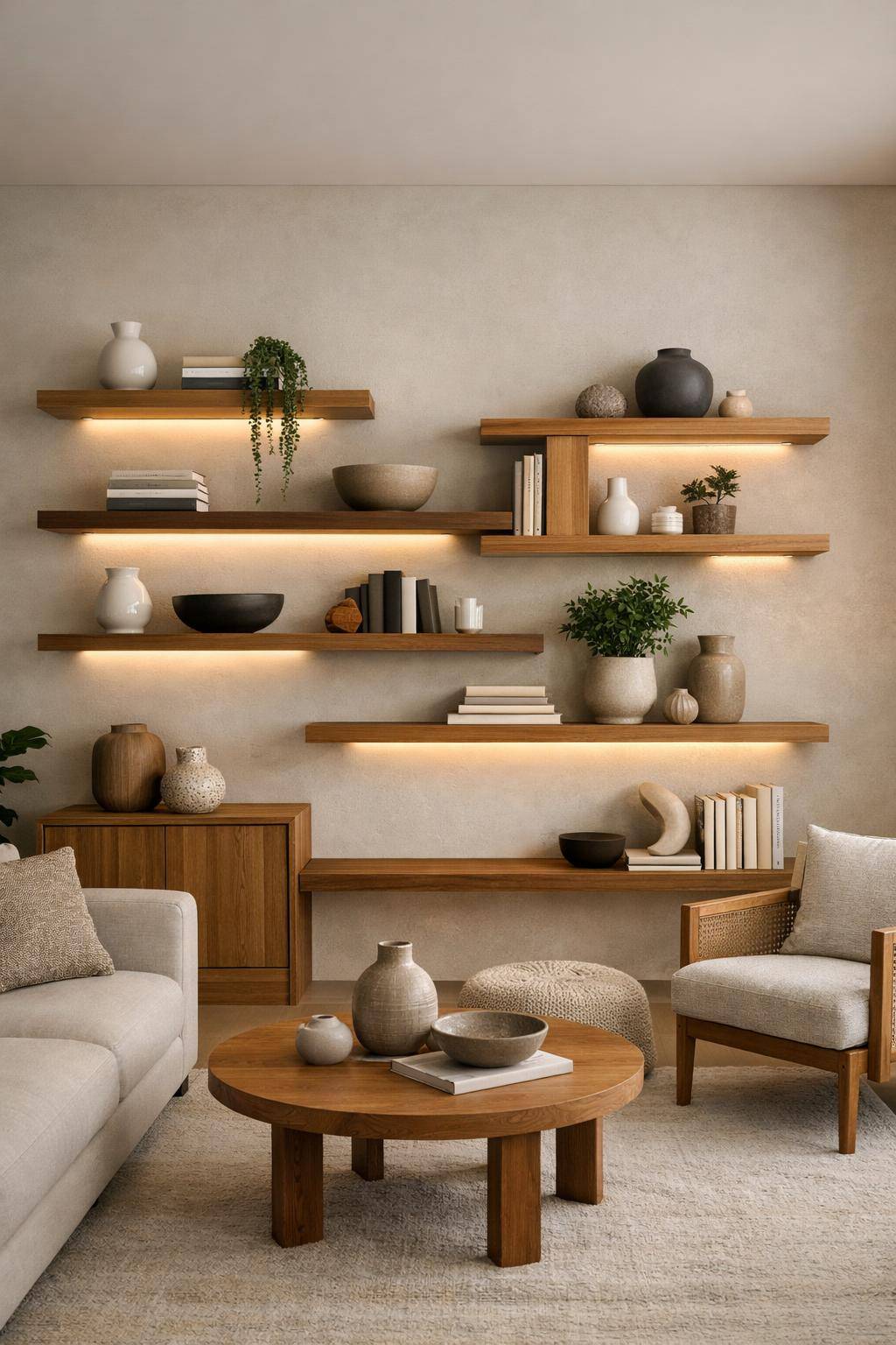 Ideen für Wandregale im Wohnzimmer- Setze auf unterschiedliche Regaltiefen für Dynamik