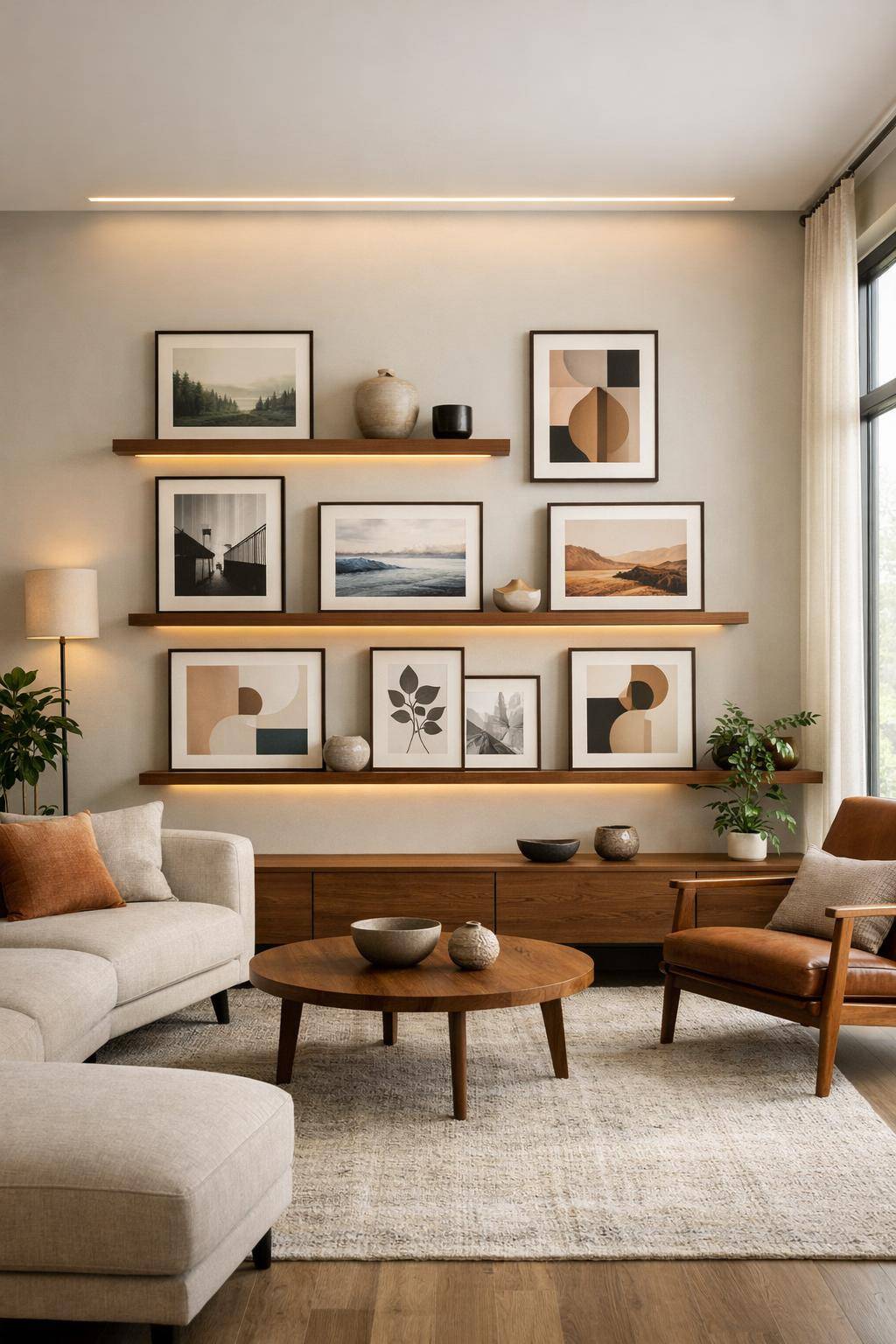 Ideen für Wandregale im Wohnzimmer- Zeige Kunstwerke in wechselnder Galerieanordnung