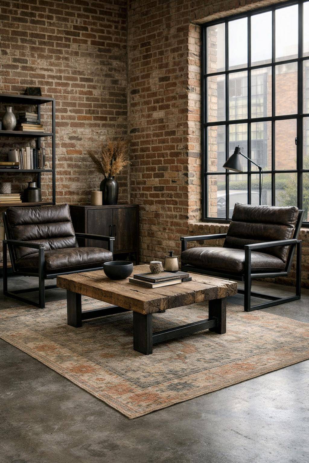 Ideen für Wohnzimmer im Industrial Style- Beziehe Stühle mit dunklem Leder für Industrial-Charme