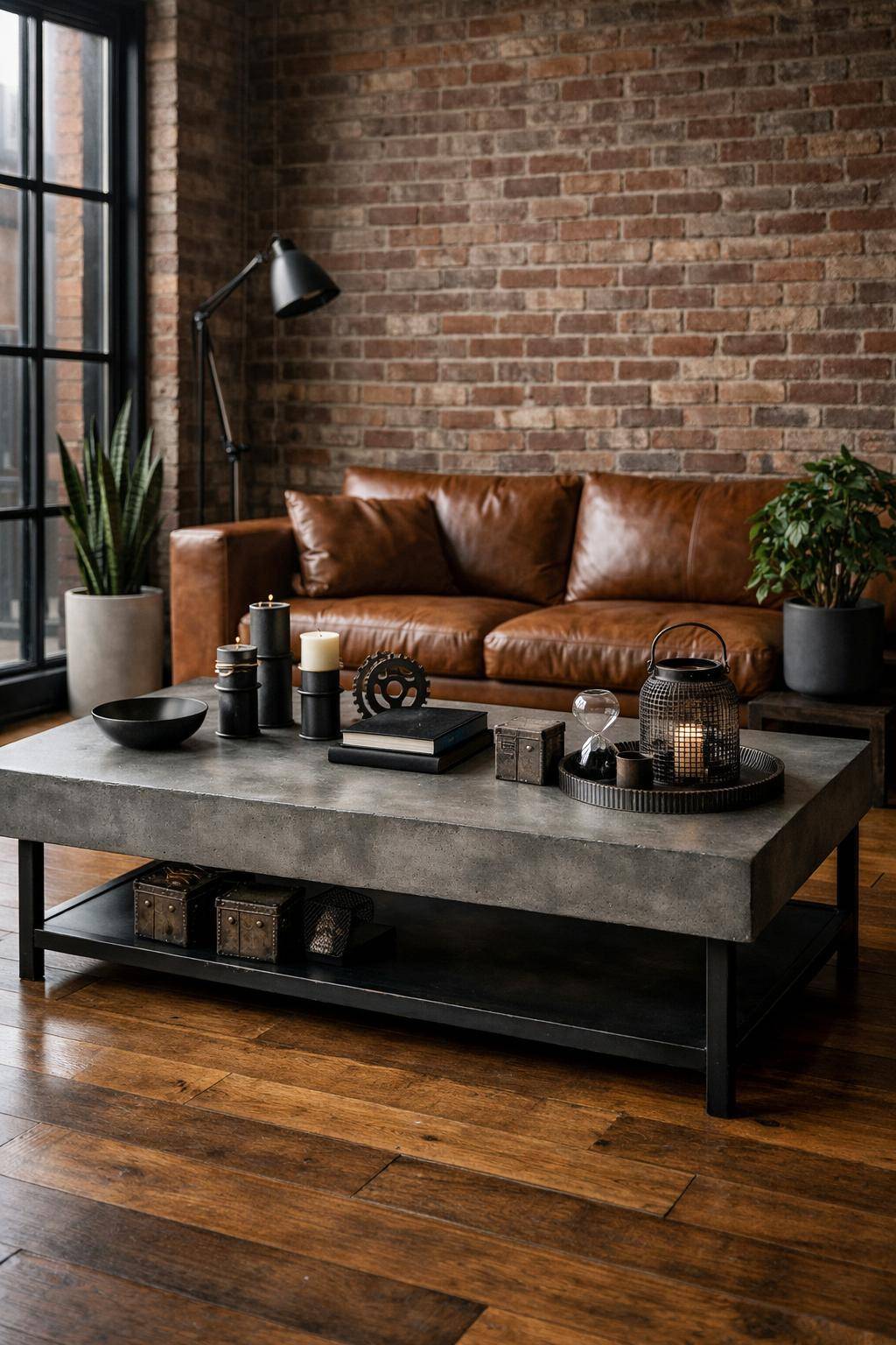 Ideen für Wohnzimmer im Industrial Style- Mixe Beton- und Eisen-Accessoires auf dem Couchtisch