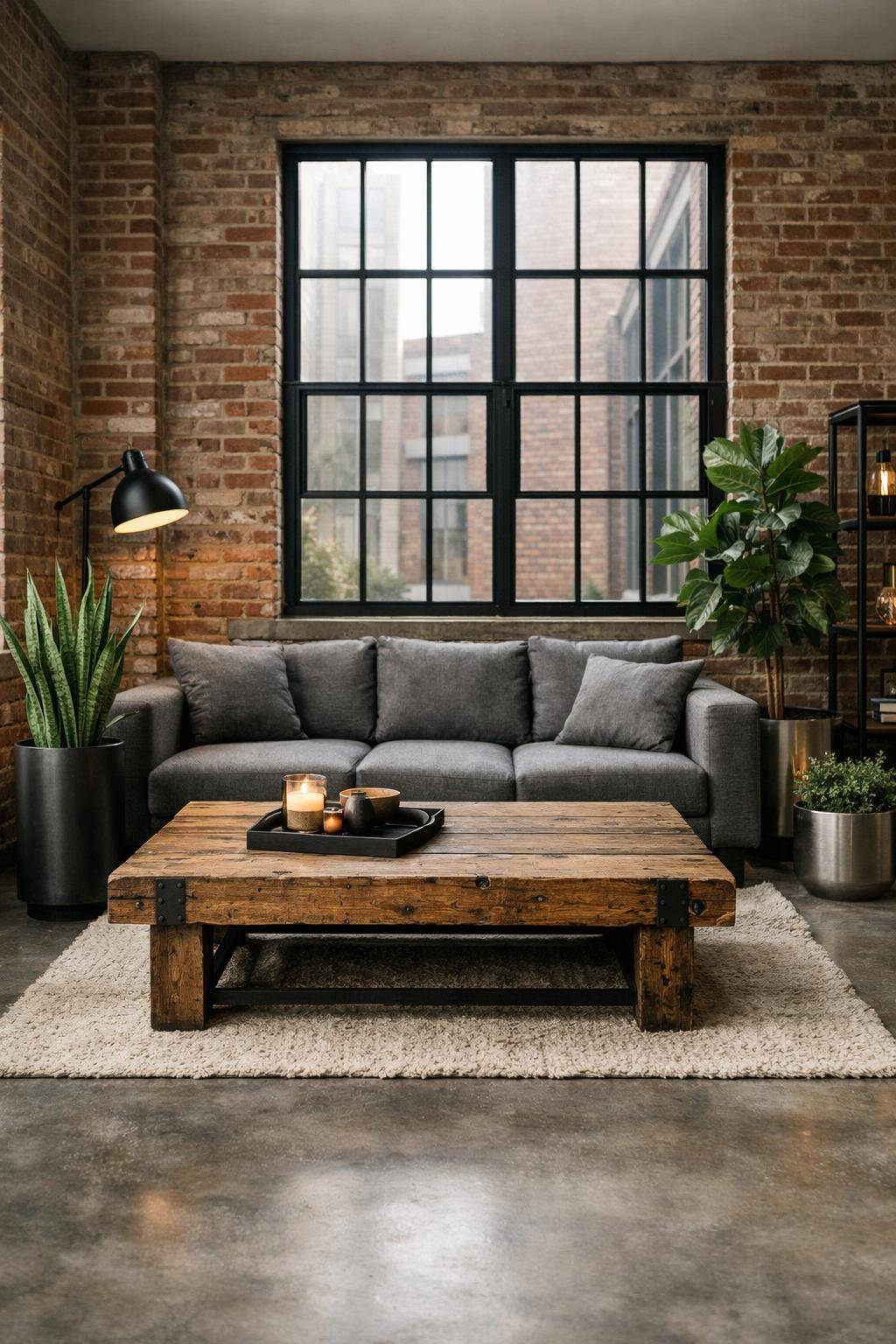 Ideen für Wohnzimmer im Industrial Style- Platziere Pflanzen in simplen Metallkübeln