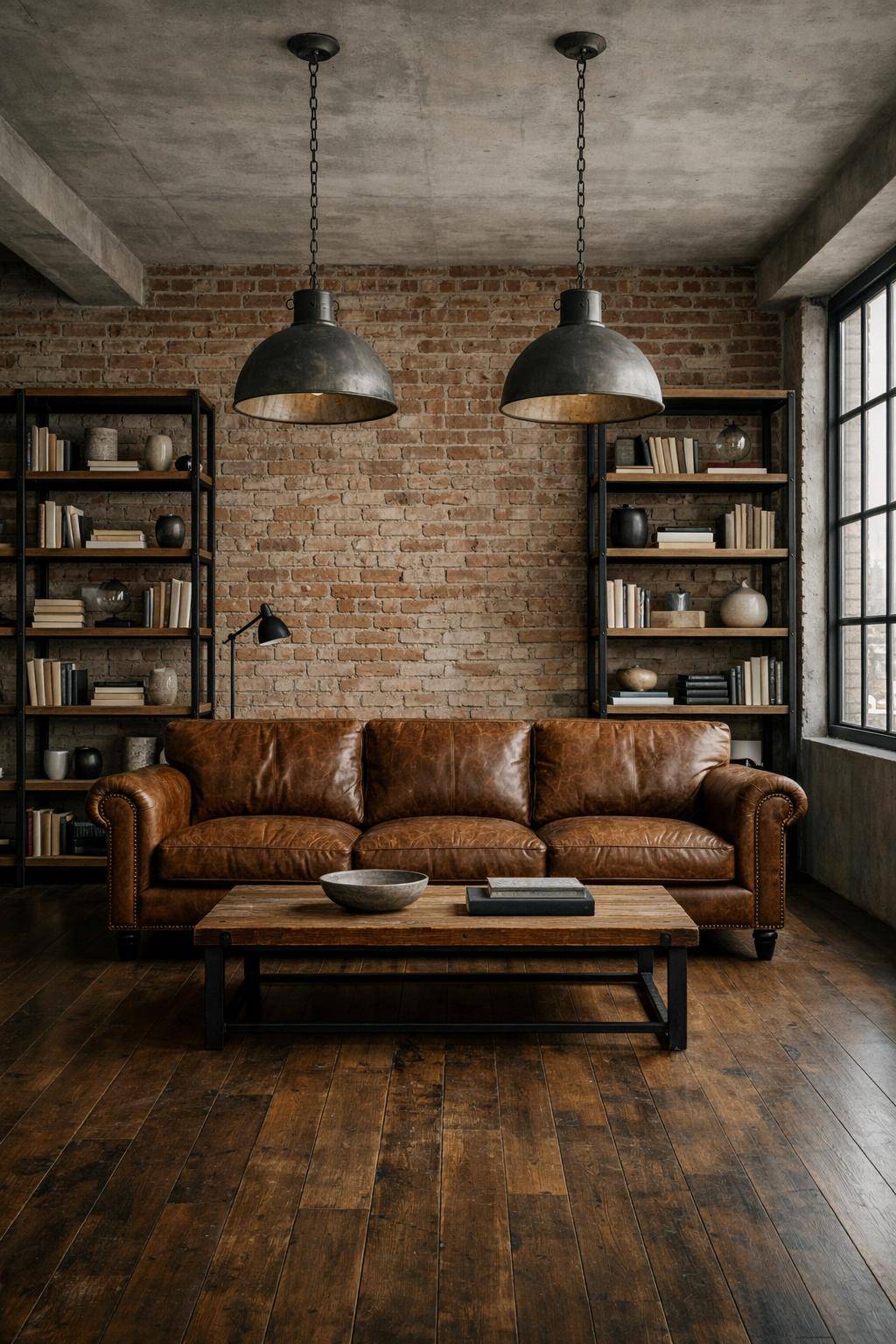 Ideen für Wohnzimmer im Industrial Style- Präsentiere offene Bücherregale mit rauher Metallstruktur