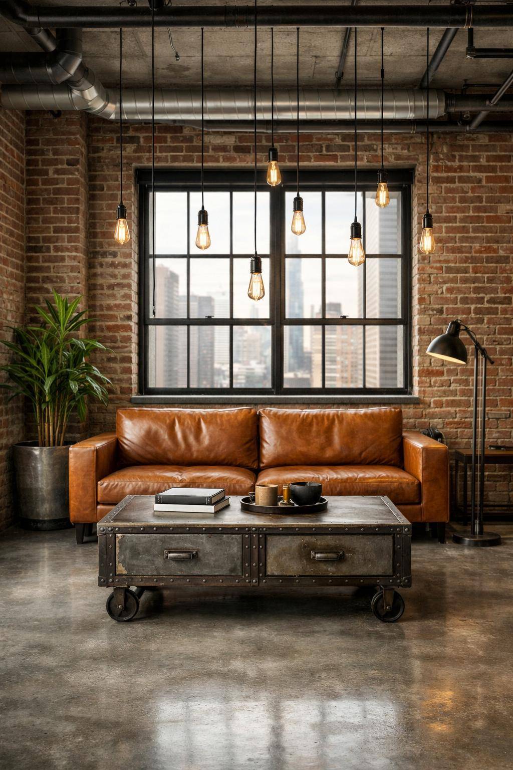 Ideen für Wohnzimmer im Industrial Style- Schmücke mit Retro-Glühbirnen in schlichten Fassungen