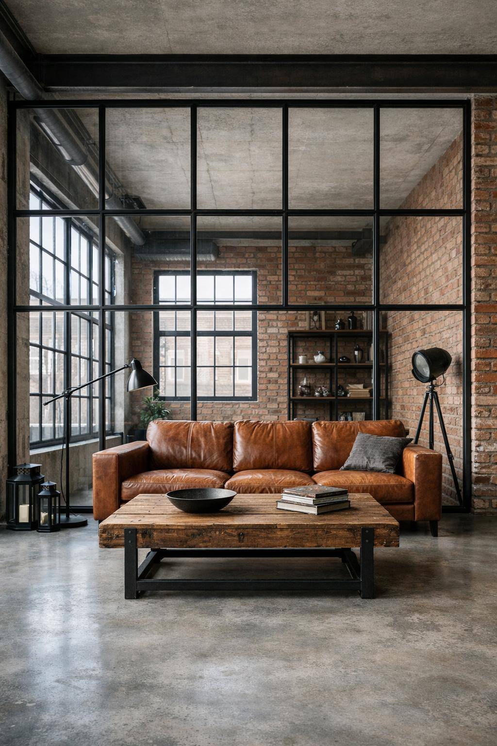 Ideen für Wohnzimmer im Industrial Style- Setze Stahlrahmen-Fenster als Raumtrenner ein