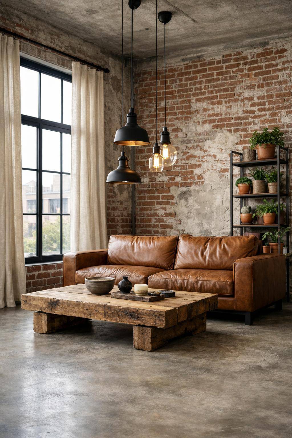 Ideen für Wohnzimmer im Industrial Style- Wähle Vorhänge aus grobem Leinenstoff