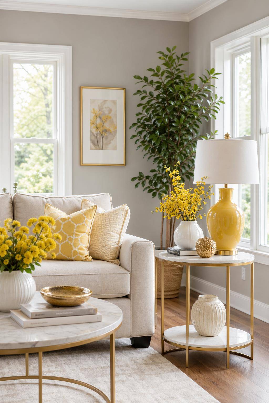 Ideen für Wohnzimmer in Gelb- Arrangiere zitronengelbe Deko auf Beistelltischen