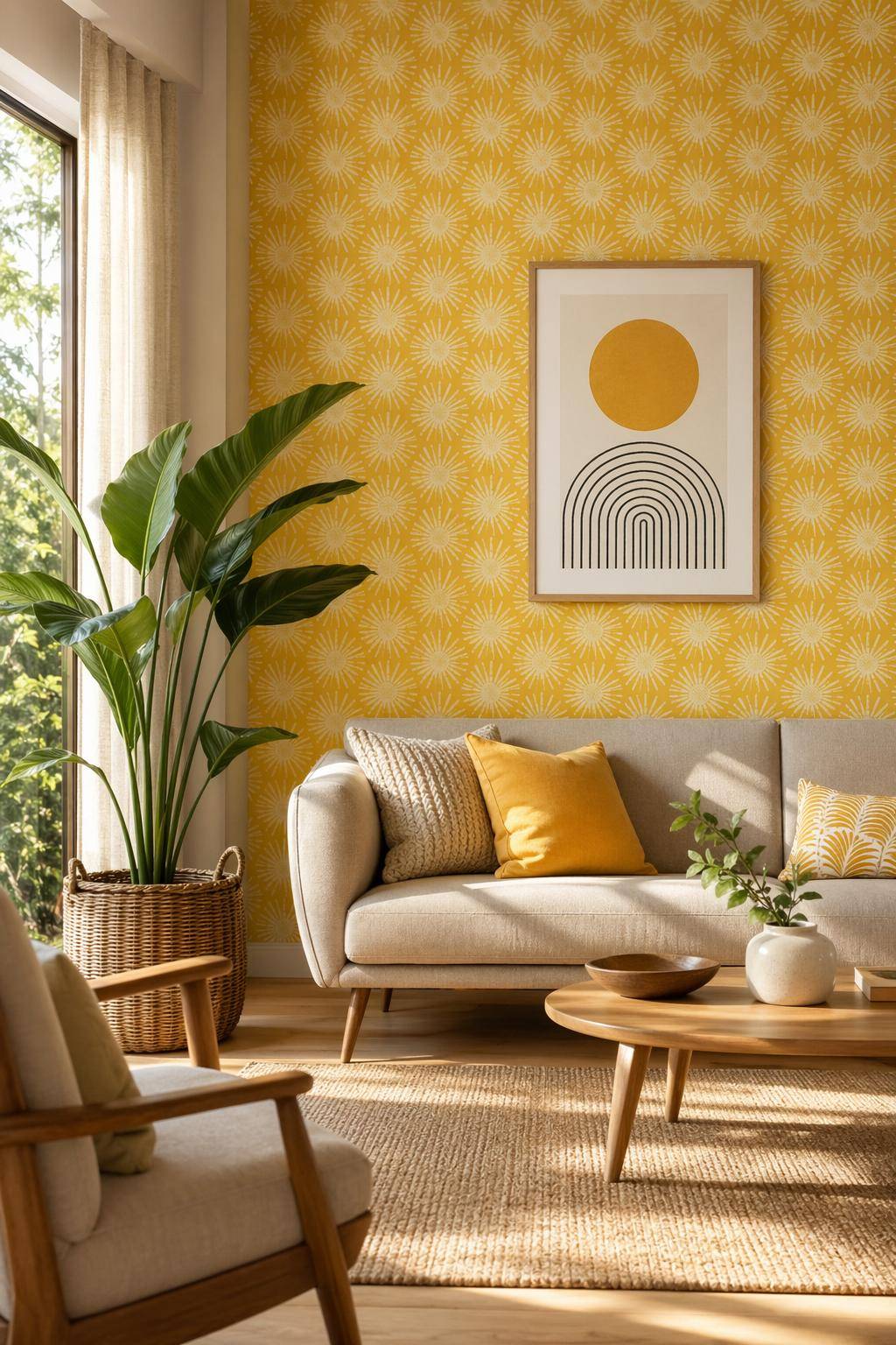 Ideen für Wohnzimmer in Gelb- Dekoriere mit Tapeten im Sonnengelb-Muster