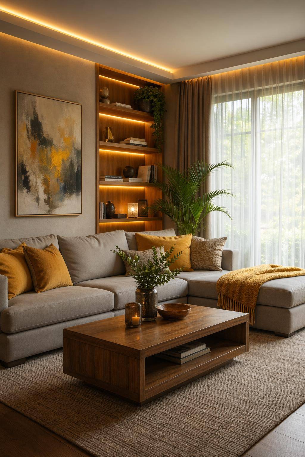 Ideen für Wohnzimmer in Gelb- Ergänze feine gelbe Lichterketten für Stimmung