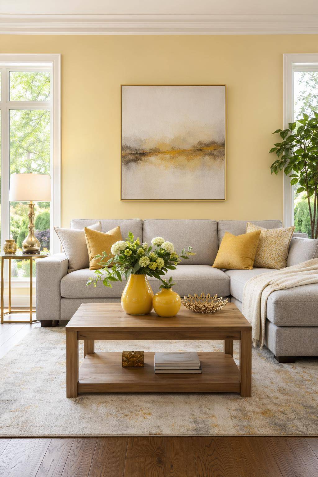 Ideen für Wohnzimmer in Gelb- Ergänze frische Blumen in gelben Vasen