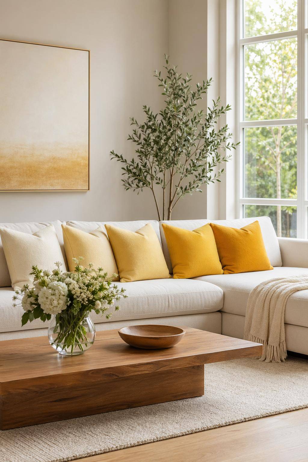 Ideen für Wohnzimmer in Gelb- Erschaffe Farbübergänge mit gelben Ombré-Kissen