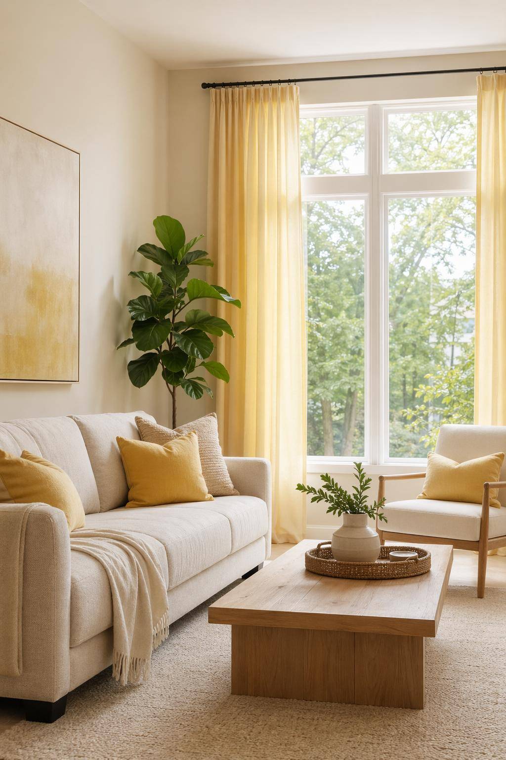 Ideen für Wohnzimmer in Gelb- Erweitere den Raum mit pastellgelben Vorhängen