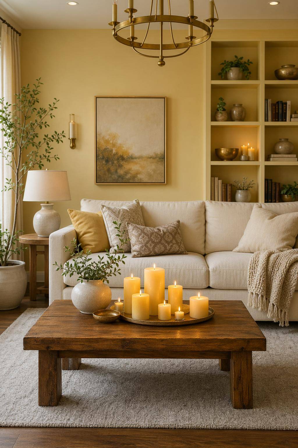 Ideen für Wohnzimmer in Gelb- Experimentiere mit gelben Kerzen für Gemütlichkeit