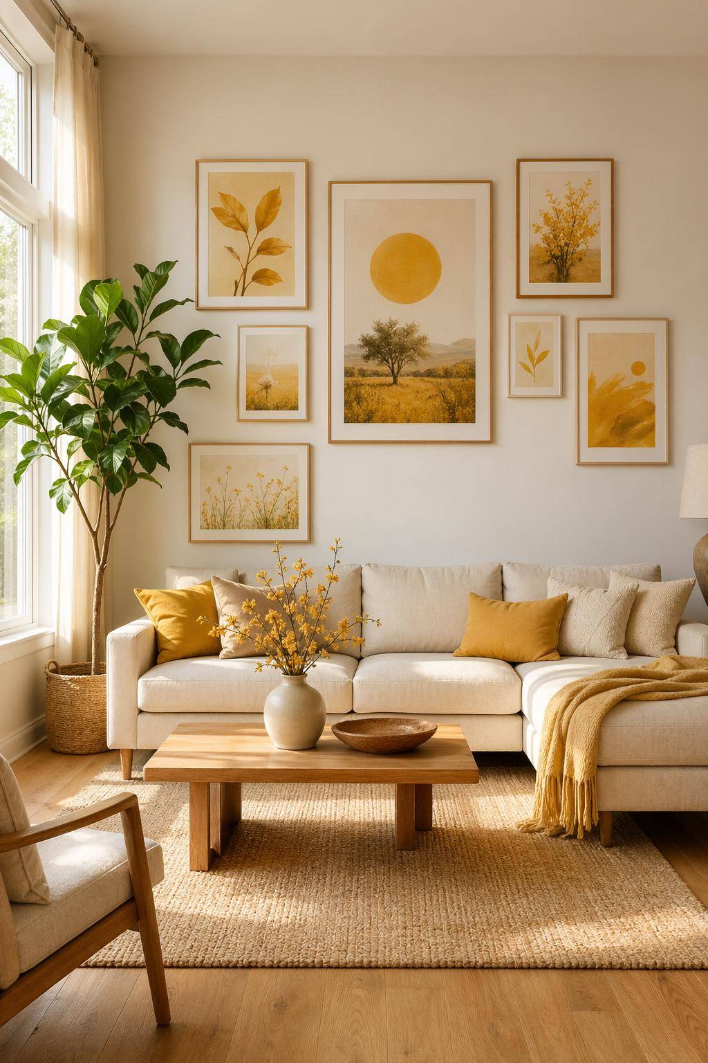 Ideen für Wohnzimmer in Gelb- Gestalte eine sonnige Bilderwand mit Gelbtönen
