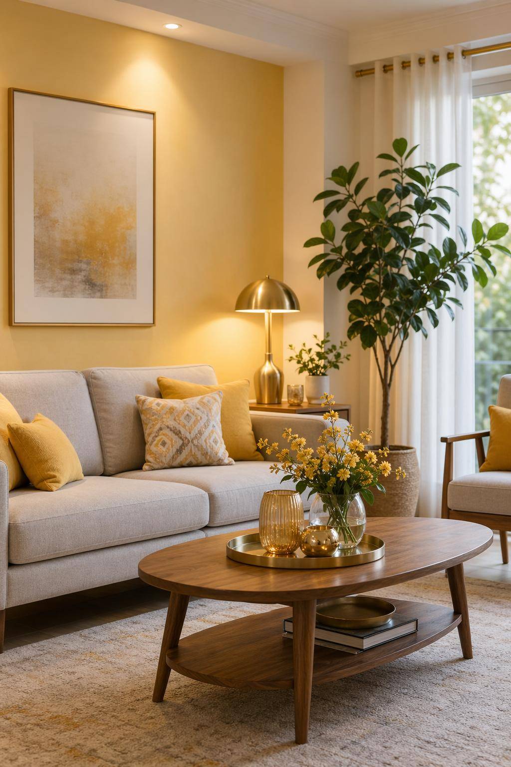 Ideen für Wohnzimmer in Gelb- Integriere goldene Lampen für warmes Licht
