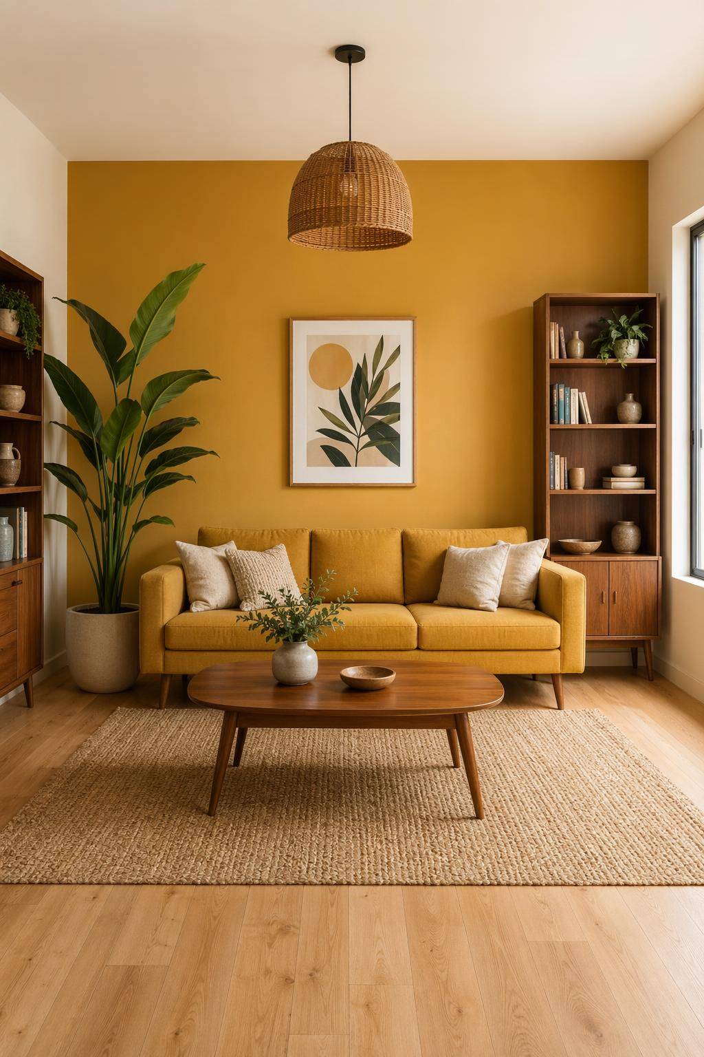 Ideen für Wohnzimmer in Gelb- Kombiniere Senfgelb mit Naturholz für Harmonie