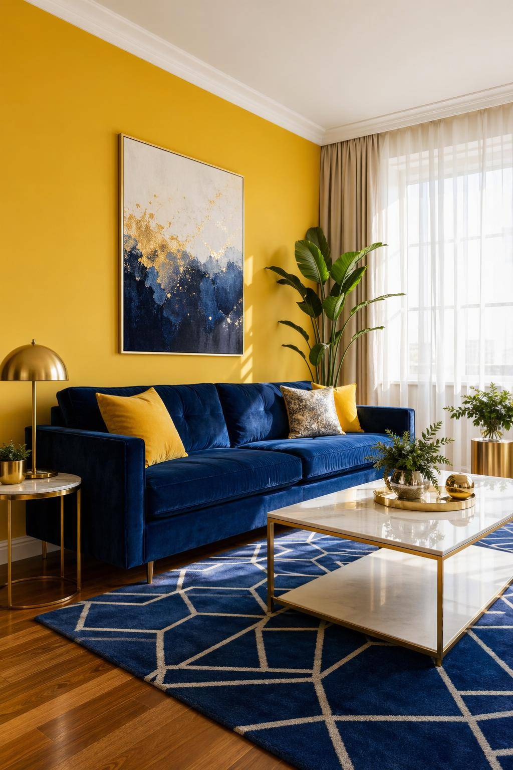 Ideen für Wohnzimmer in Gelb- Kontrastiere Gelb mit kühlen Blautönen