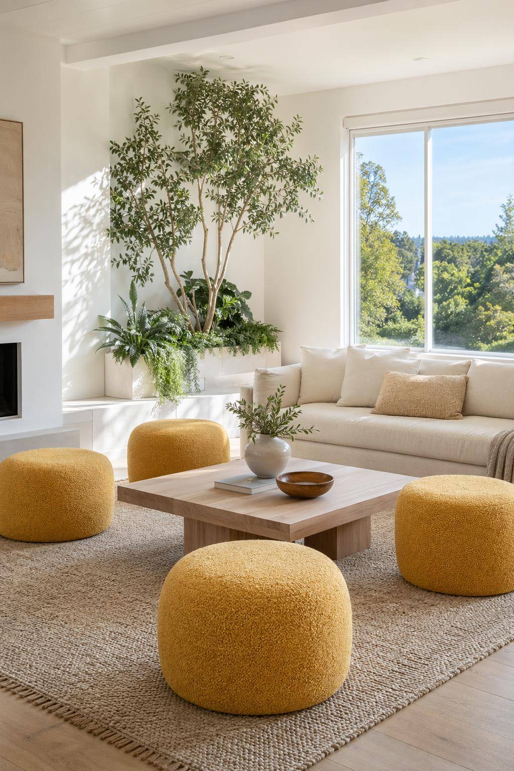 Ideen für Wohnzimmer in Gelb- Präsentiere gelbe Poufs als Sitzgelegenheit