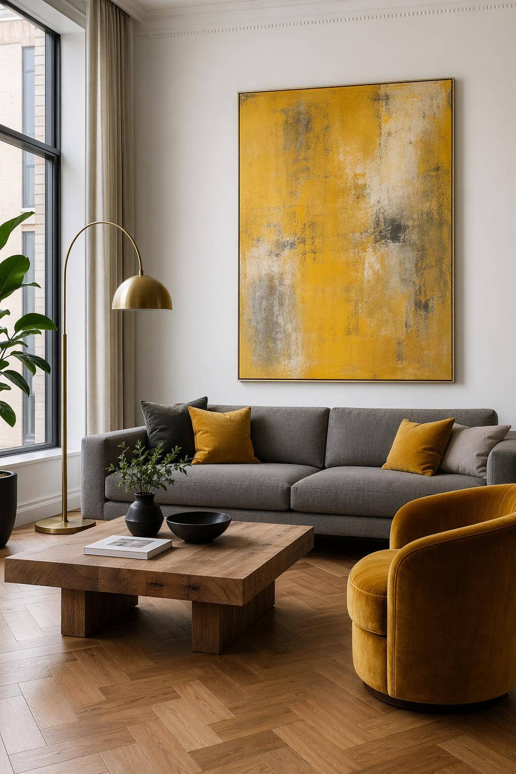 Ideen für Wohnzimmer in Gelb- Setze moderne Kunst in Gelb gezielt ein