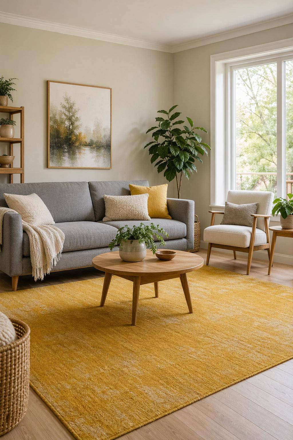 Ideen für Wohnzimmer in Gelb- Wähle einen gelben Teppich als Blickfang