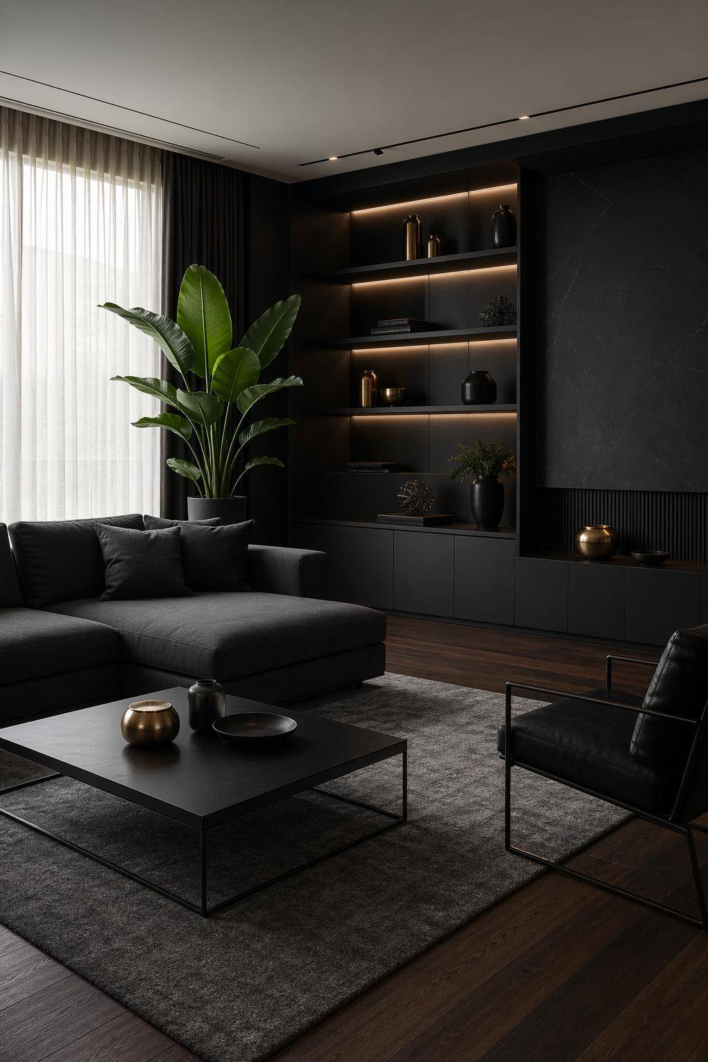 Ideen für Wohnzimmer in Schwarz- Ergänze schwarze Regale für stylische Ordnung