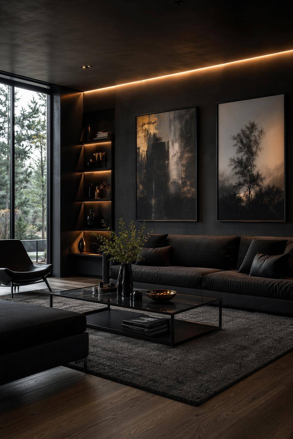 Ideen für Wohnzimmer in Schwarz- Präsentiere Kunstwerke mit dunklem Rahmen