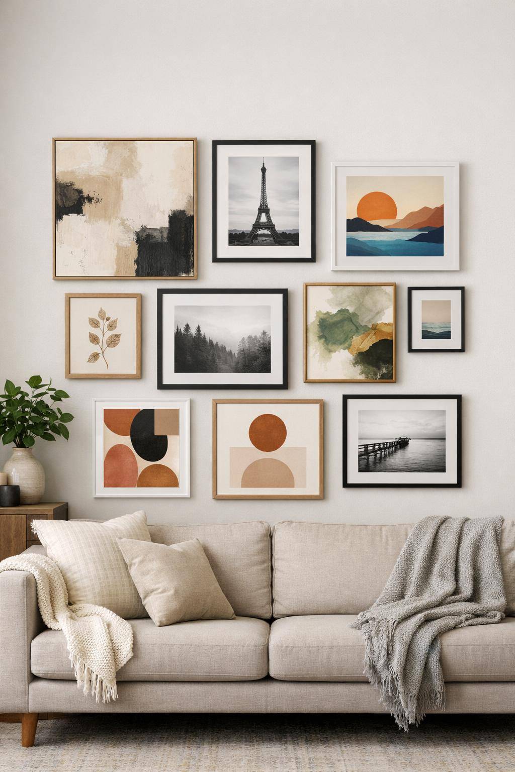 Ideen für die Wandgestaltung im Wohnzimmer-Kombiniere verschiedene Rahmen und Motive