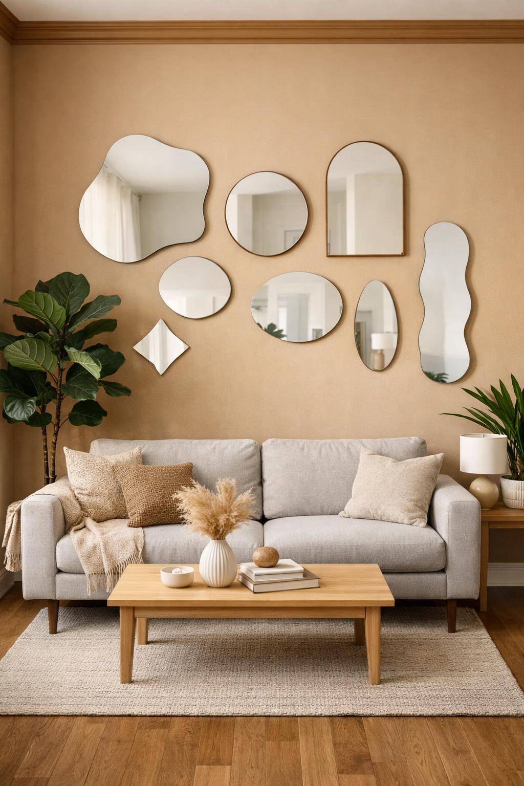 Ideen für die Wandgestaltung im Wohnzimmer- Arrangiere Spiegel in unterschiedlichen Formen