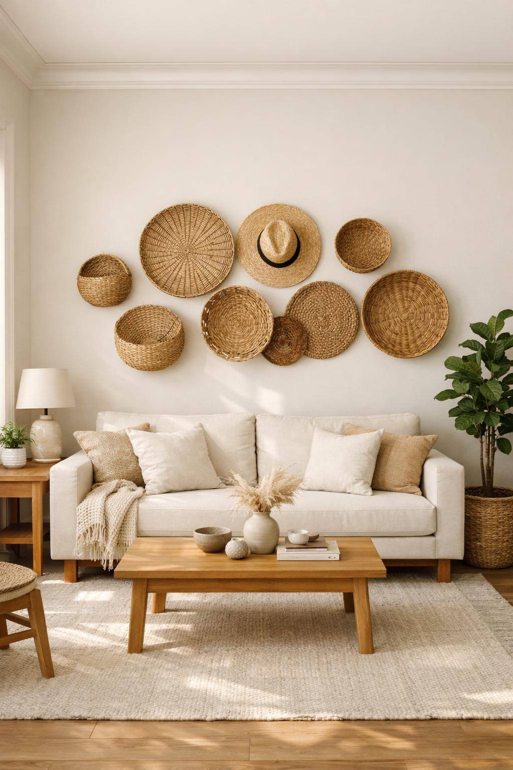 Ideen für die Wandgestaltung im Wohnzimmer- Befestige dekorative Hüte oder Körbe