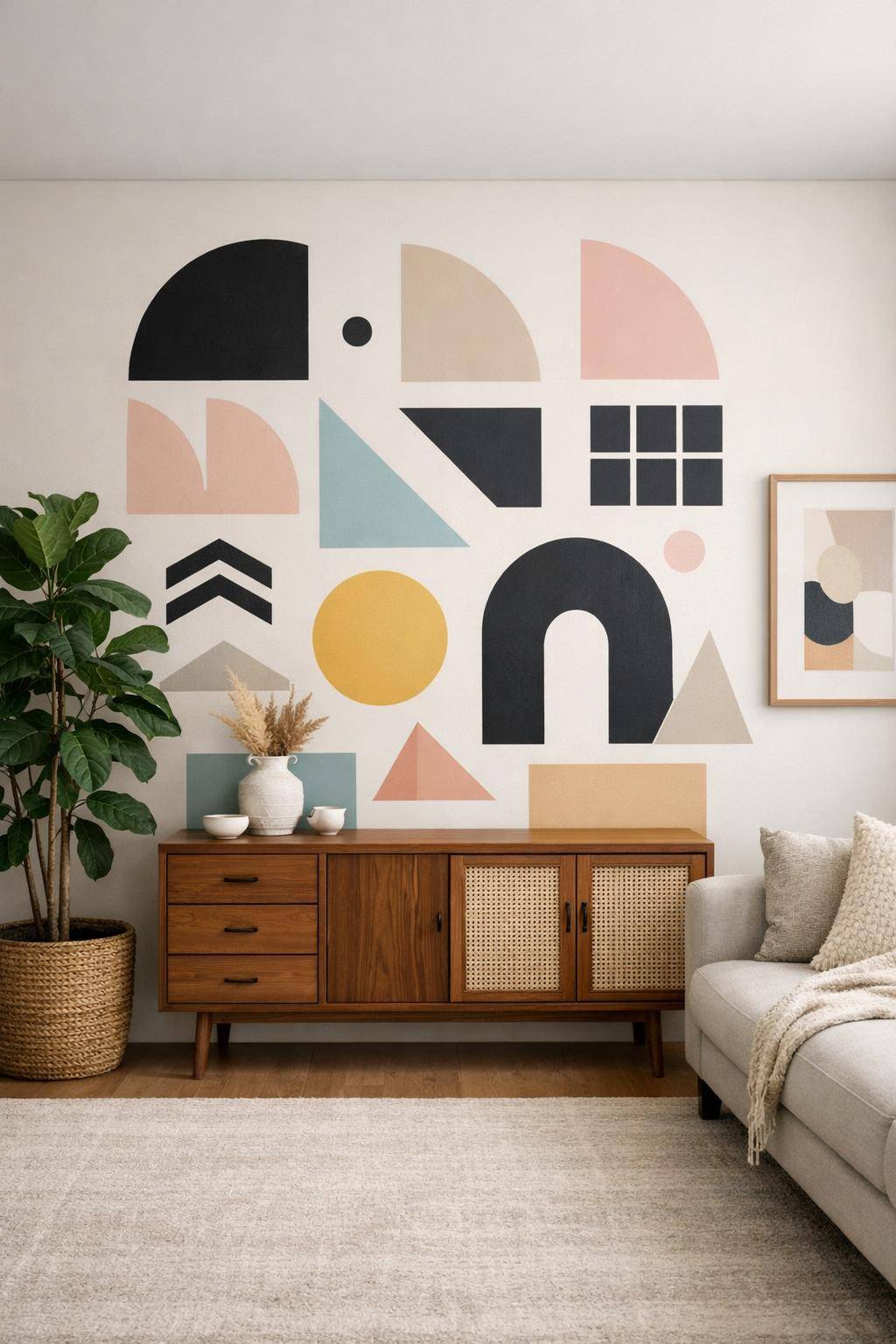 Ideen für die Wandgestaltung im Wohnzimmer- Experimentiere mit geometrischen Wandstickern
