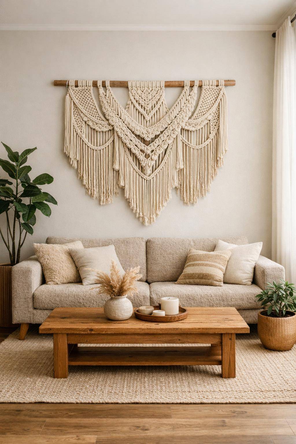 Ideen für die Wandgestaltung im Wohnzimmer- Hänge Makramee-Wanddeko auf