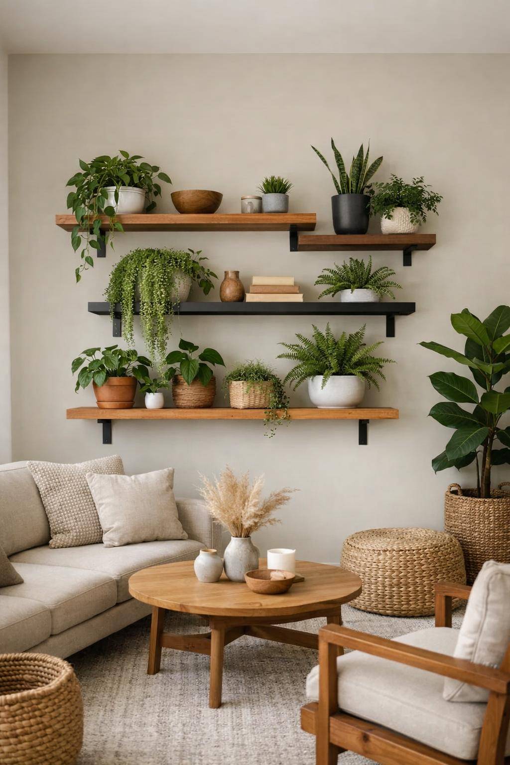 Ideen für die Wandgestaltung im Wohnzimmer- Stelle Wandregale für Pflanzen auf