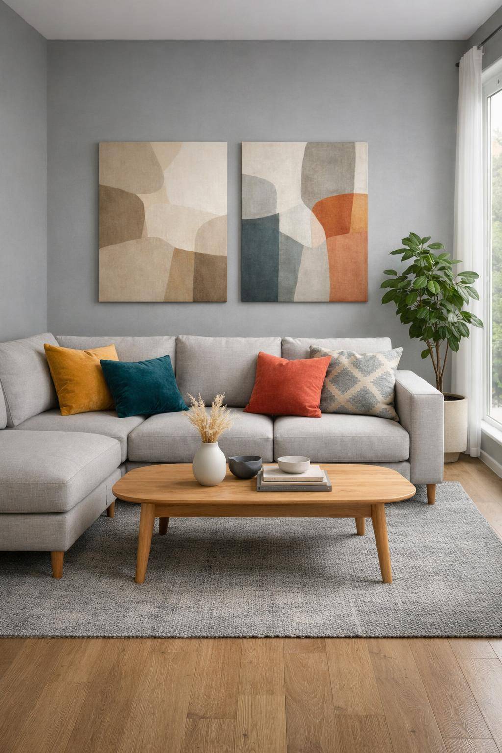 Ideen für graue Wohnzimmer- Betone Akzente mit bunten Kissen