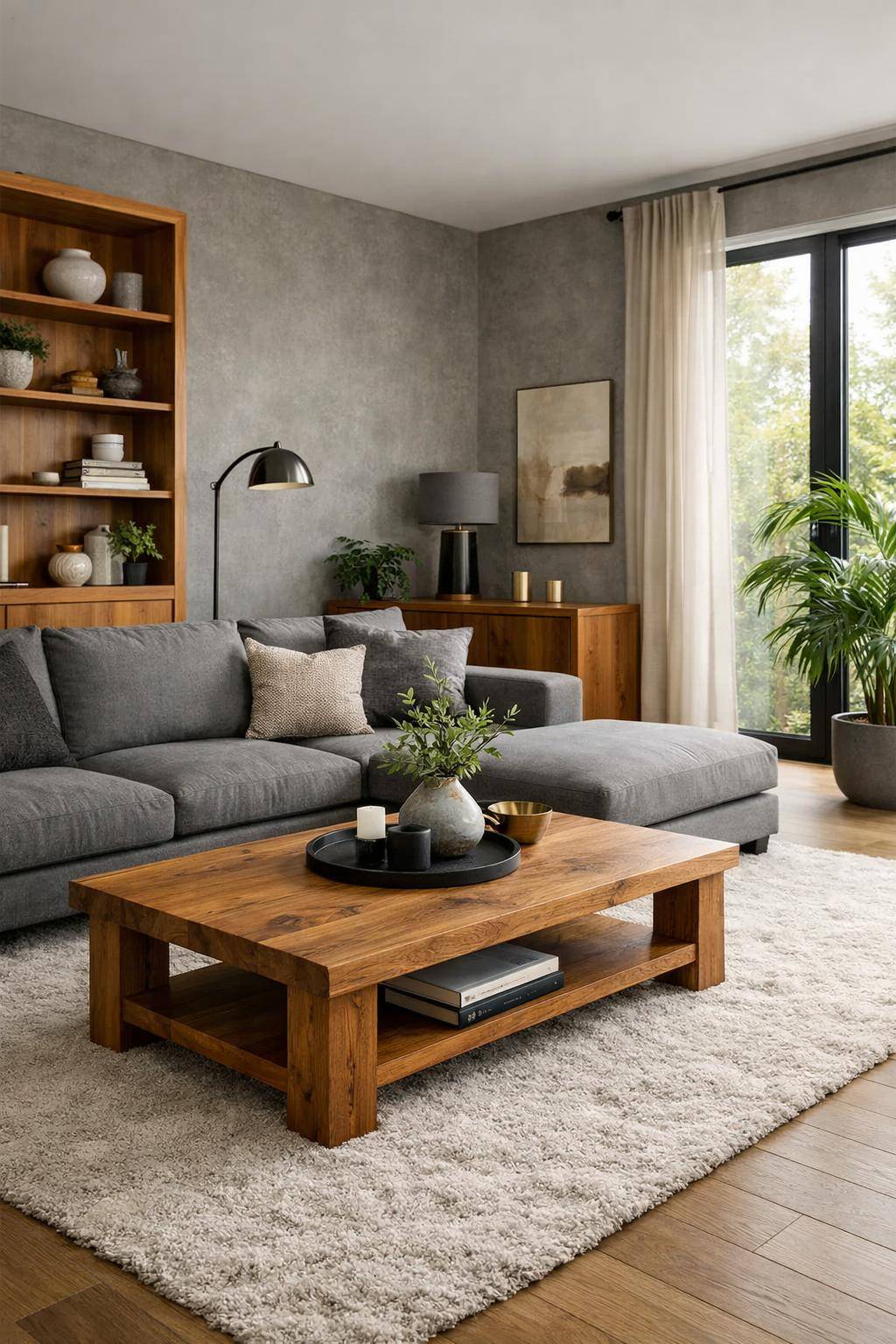 Ideen für graue Wohnzimmer- Ergänze natürliche Holzelemente als Highlight