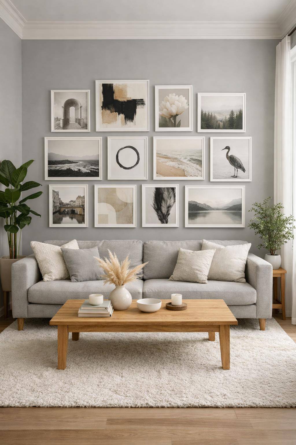 Ideen für graue Wohnzimmer- Gestalte eine helle Bilderwand als Kontrast