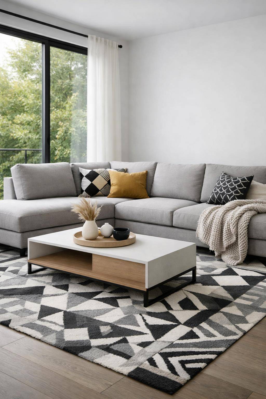 Ideen für graue Wohnzimmer- Greife geometrische Muster auf Teppich und Kissen auf