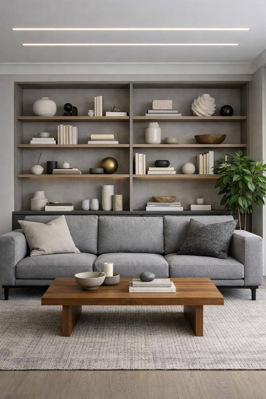 Ideen für graue Wohnzimmer- Nutze offene Regale für Lieblingsstücke