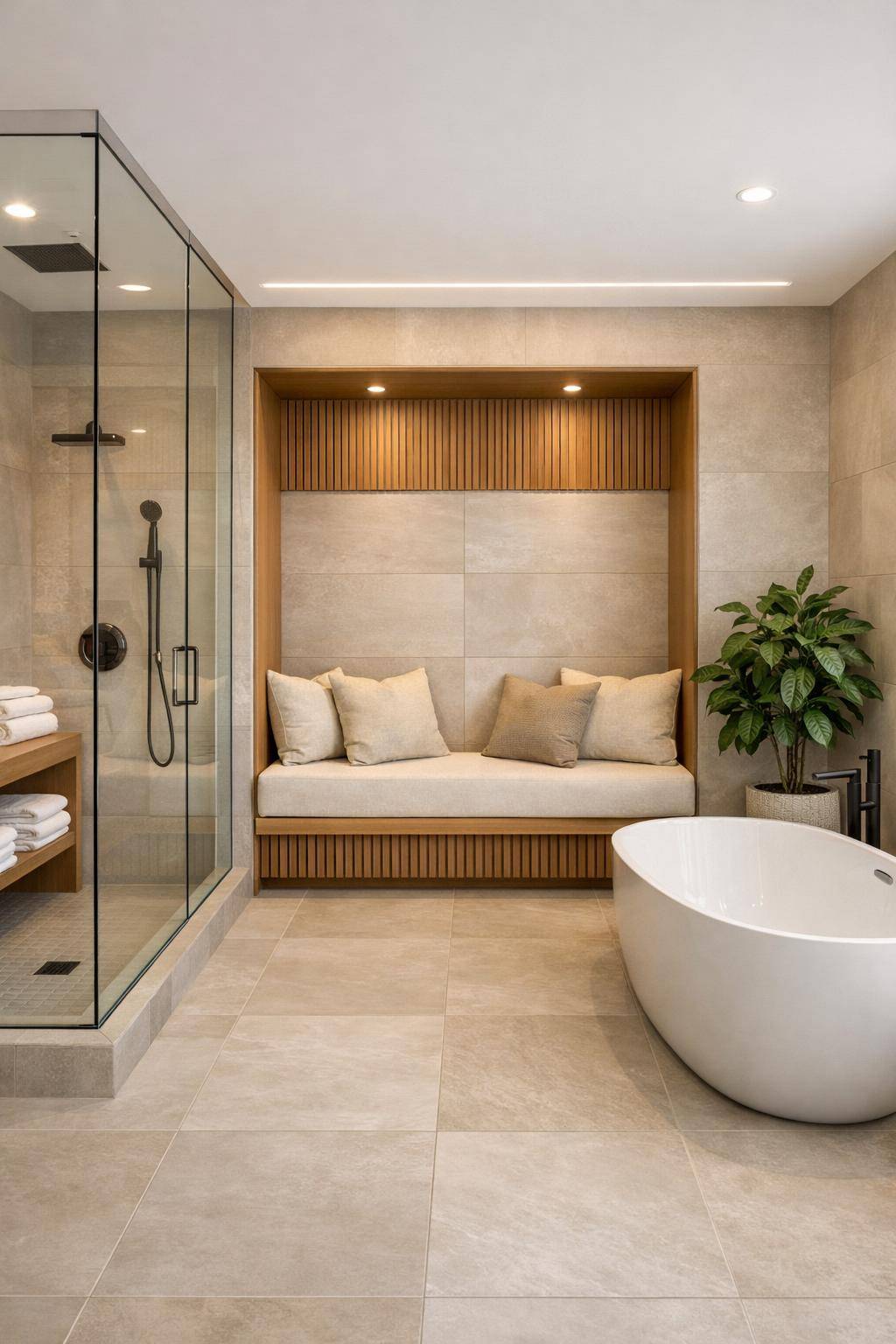 Ideen für moderne Badezimmer- Ergänze Sitzgelegenheiten für Spa-Gefühl im Bad