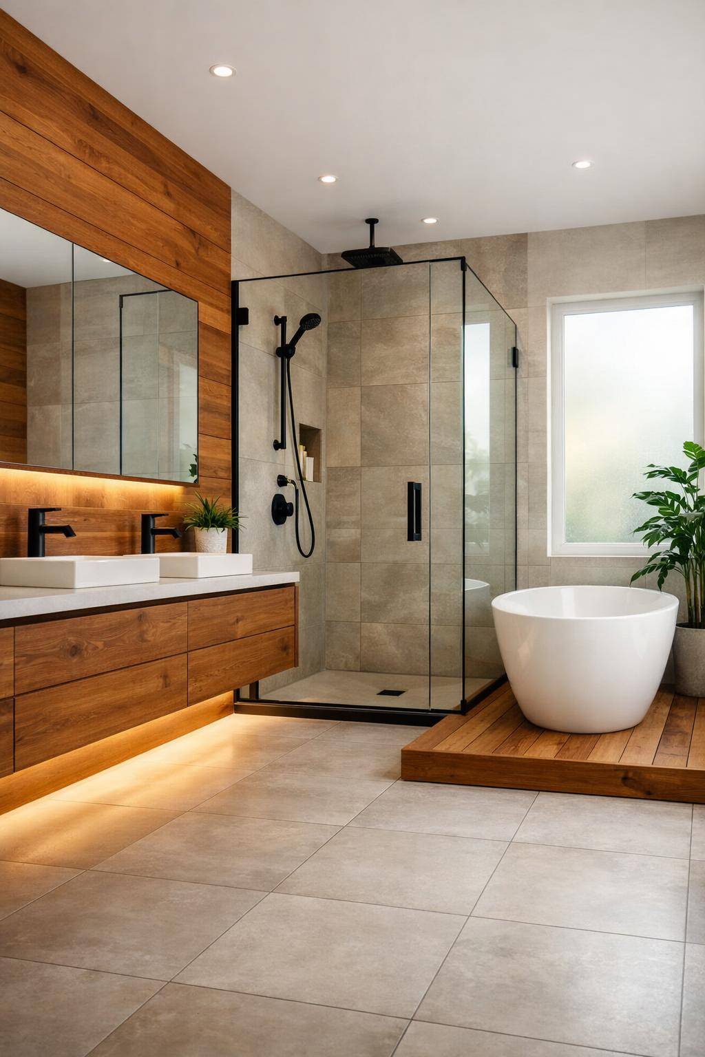 Ideen für moderne Badezimmer- Nutze Holzdetails für warme Wohlfühlatmosphäre