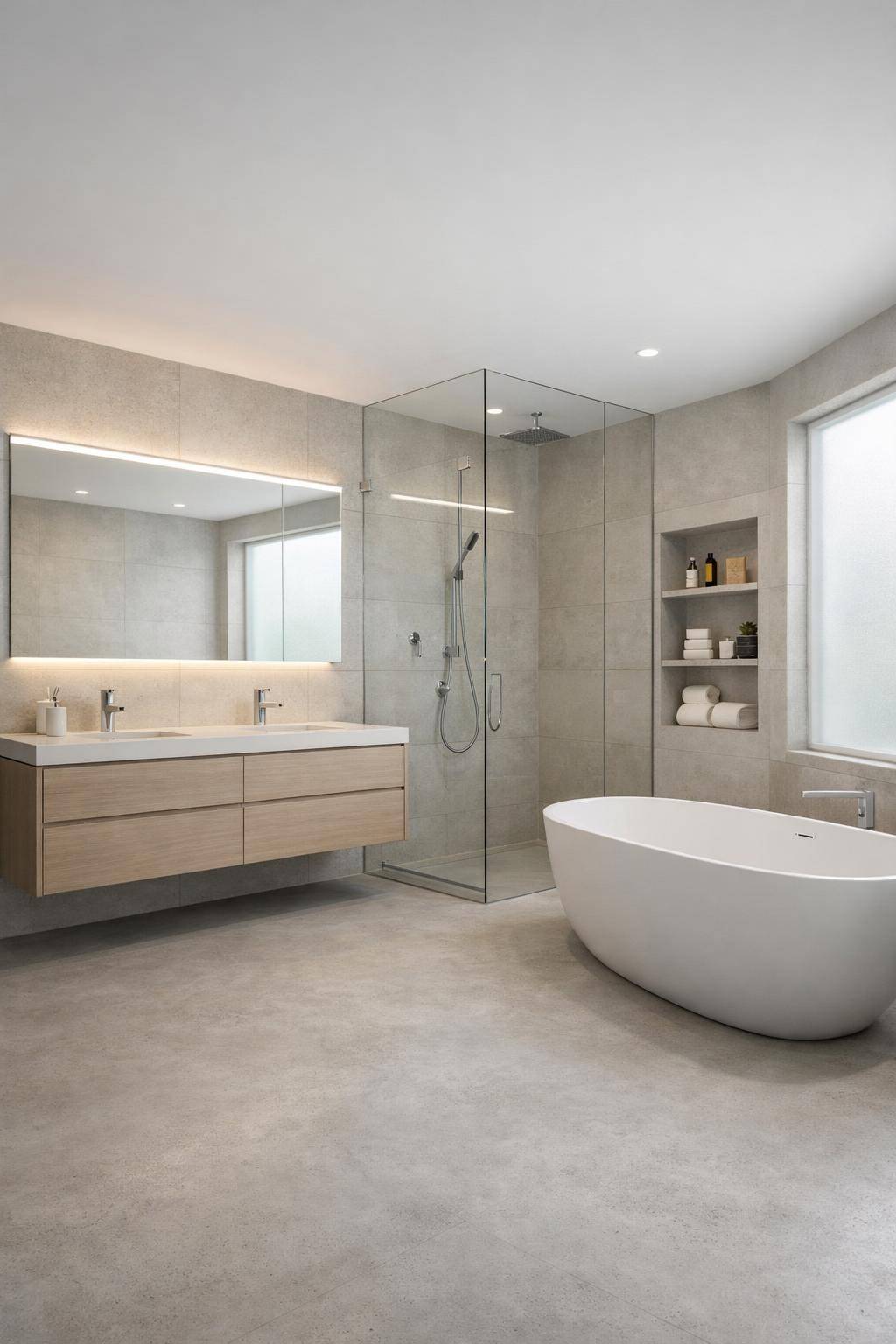 Ideen für moderne Badezimmer- Verzichte auf sichtbare Aufbewahrung für Minimalismus