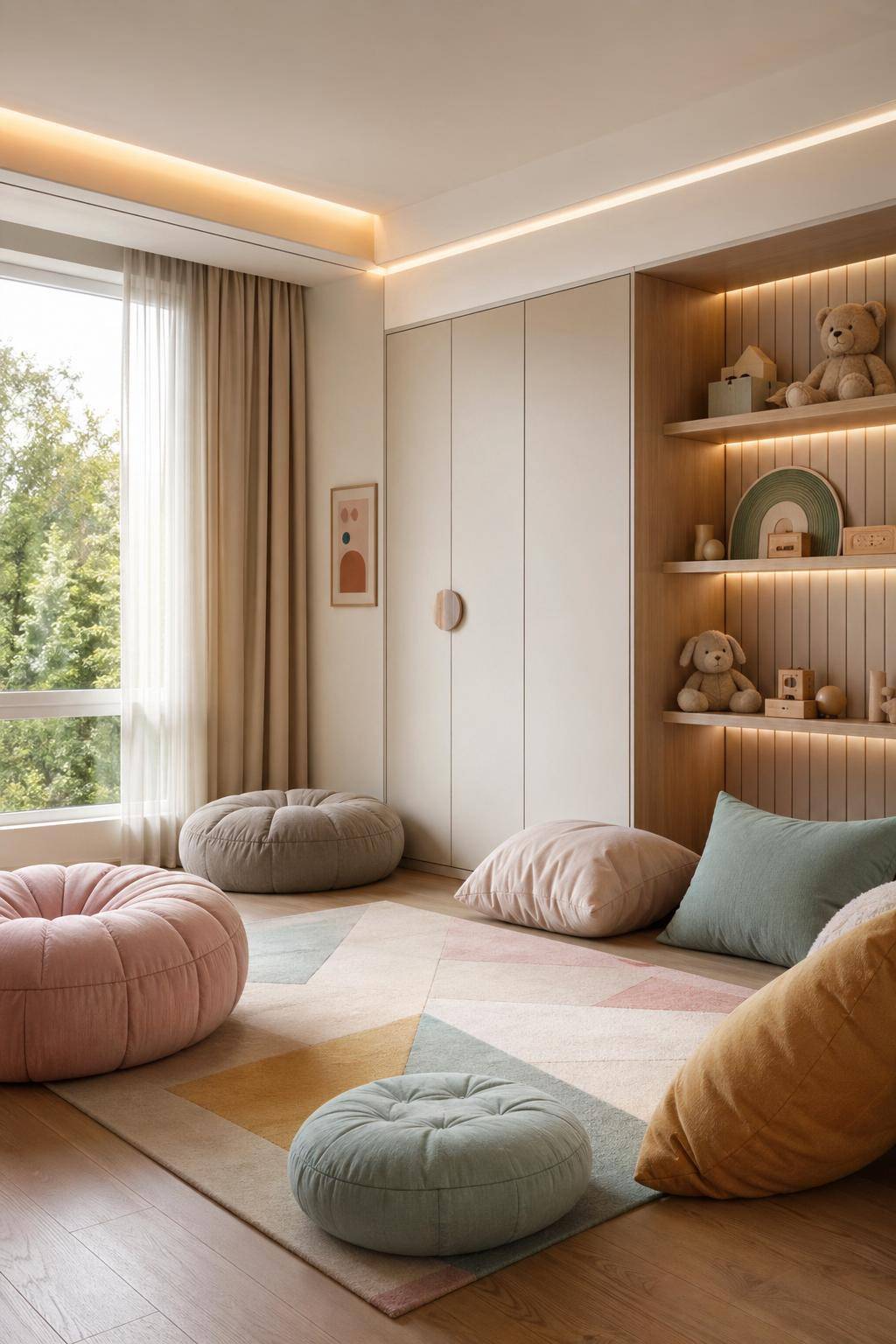 Ideen für moderne Kinderzimmer- Bestücke den Raum mit weichen Kissen und Poufs