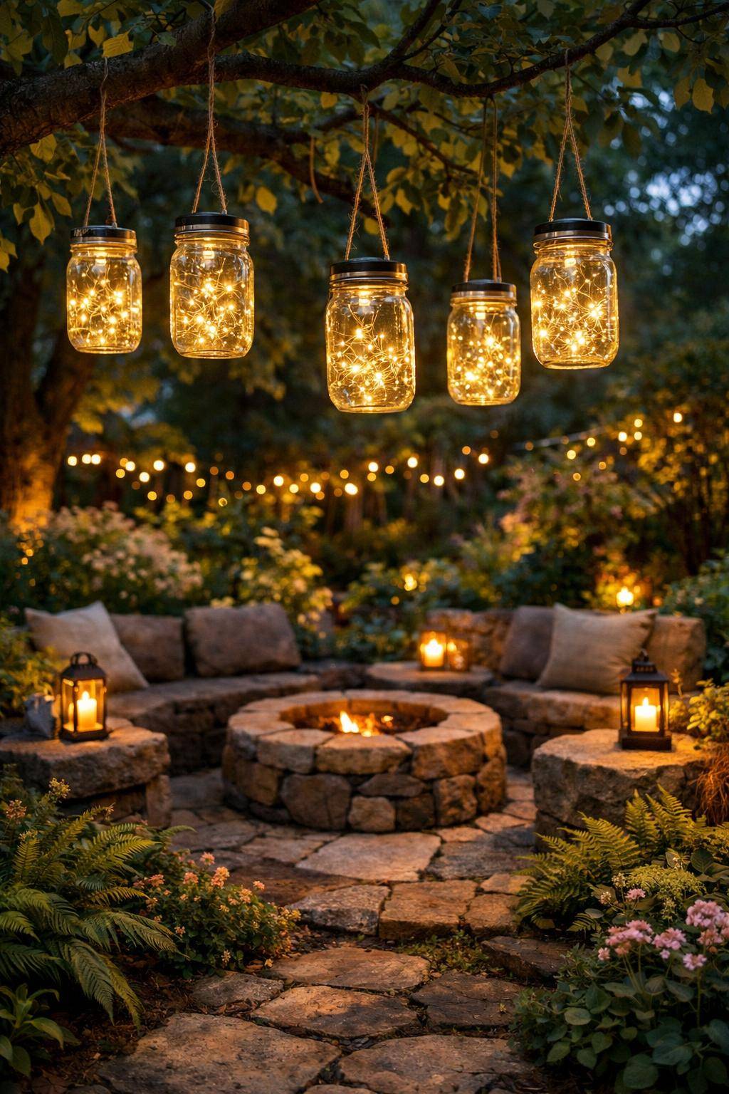 Ideen und Inspiration für Gartenbeleuchtung- Hänge Solar-Gläser an Äste für Akzente