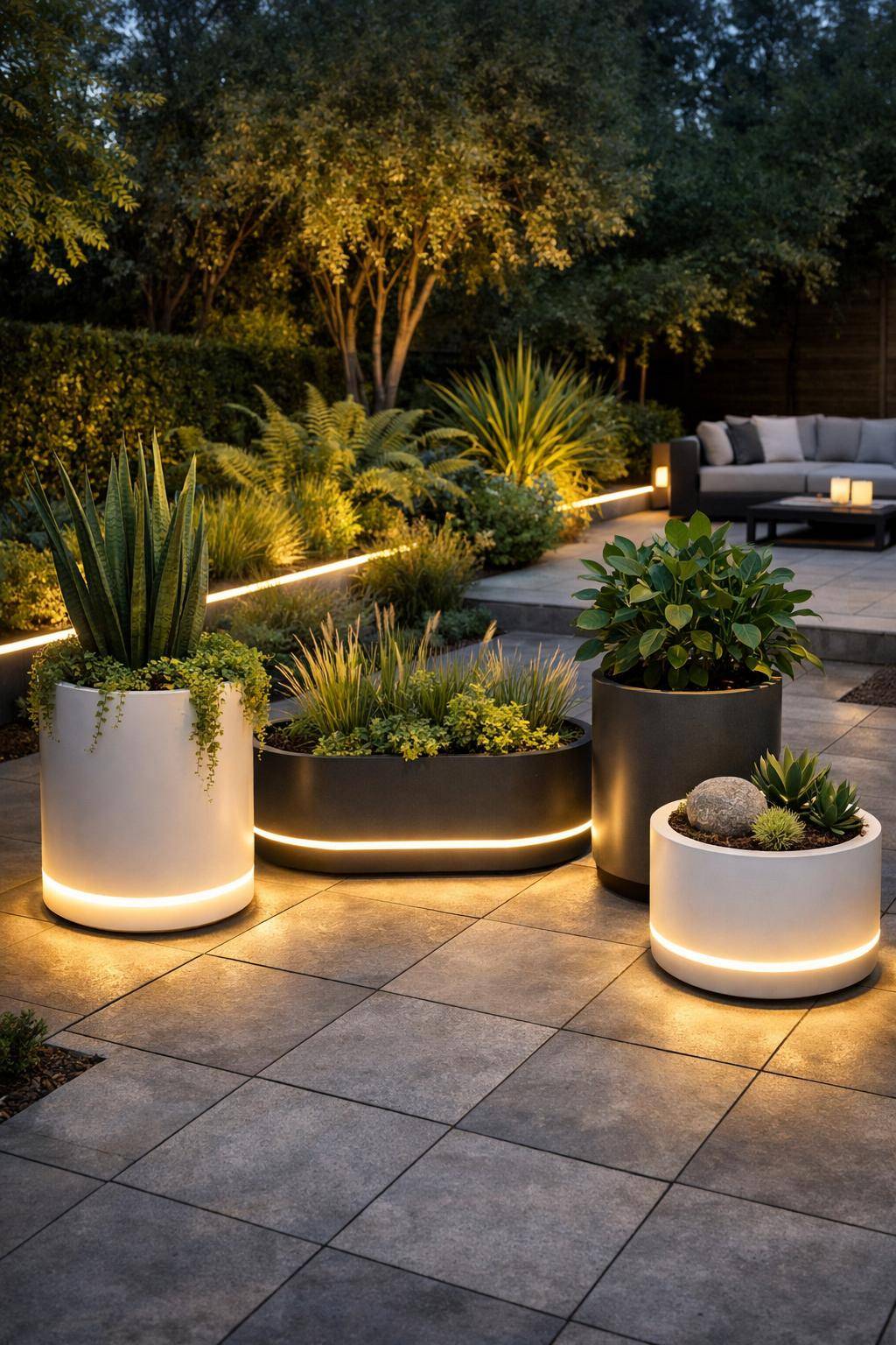 Ideen und Inspiration für Gartenbeleuchtung- Lass Lichter in Pflanzkübeln stilvoll hervorblitzen