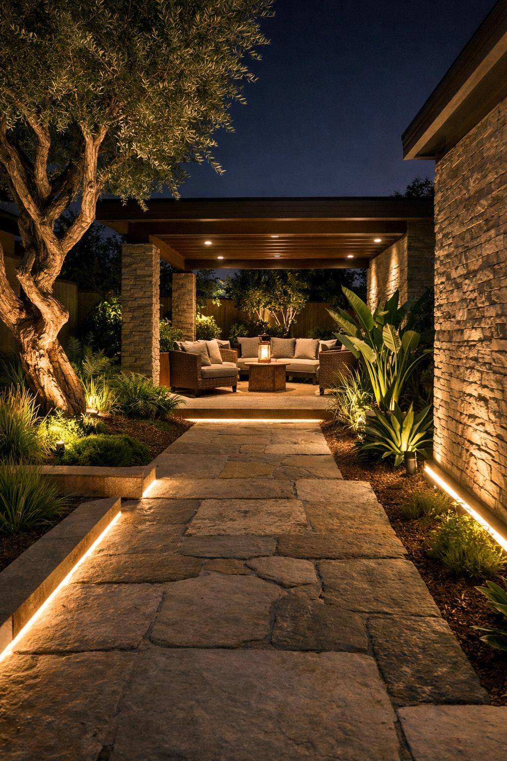 Ideen und Inspiration für Gartenbeleuchtung- Positioniere Lichtquellen so, dass Strukturen betont werden