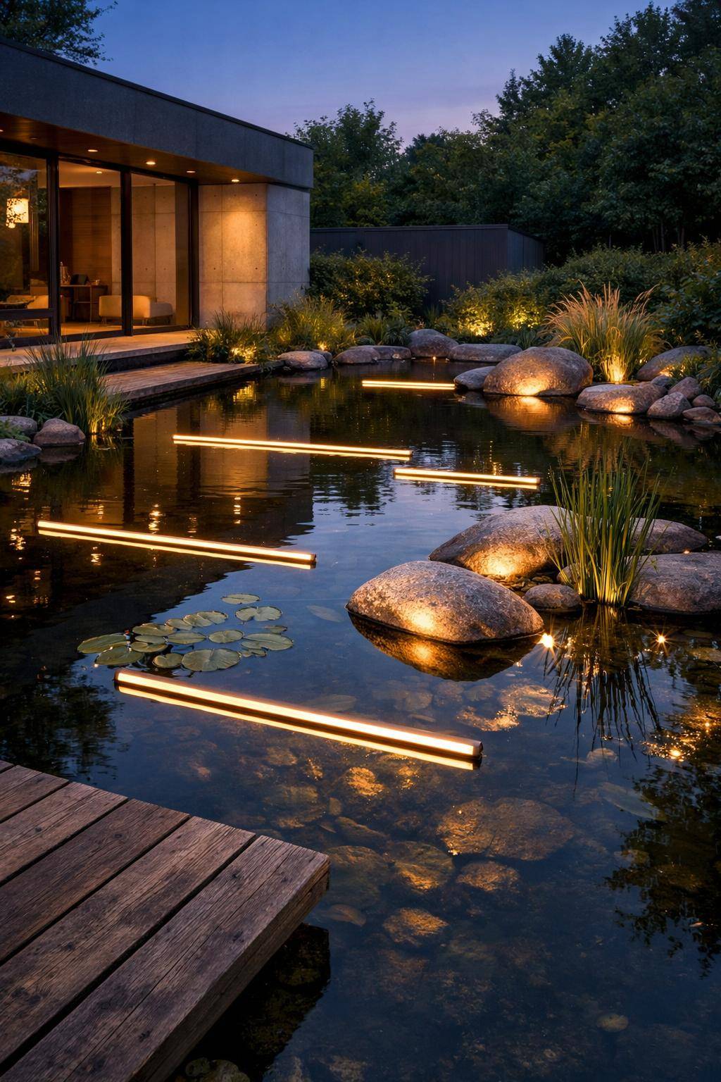 Ideen und Inspiration für Gartenbeleuchtung- Spiele mit reflektierenden Wasserleuchten im Teich