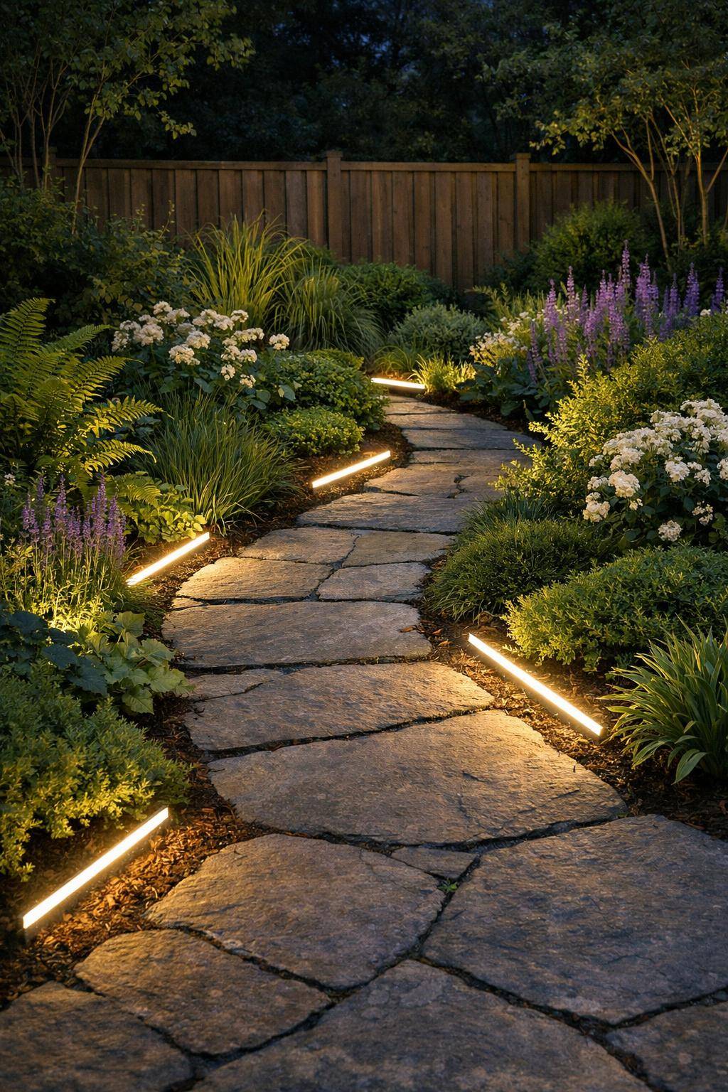 Ideen und Inspiration für Gartenbeleuchtung- Verstecke kleine Lampen zwischen Pflanzen