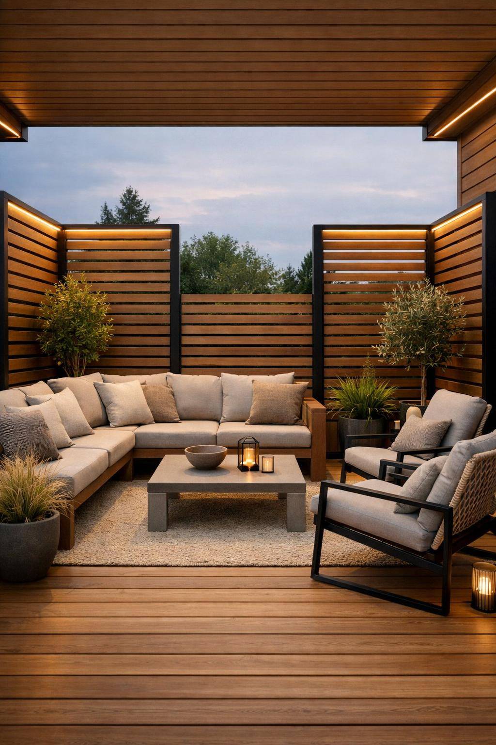 Ideen und Inspiration für Holzterrasse- Arrangiere mobile Sichtschutzwände aus Latten