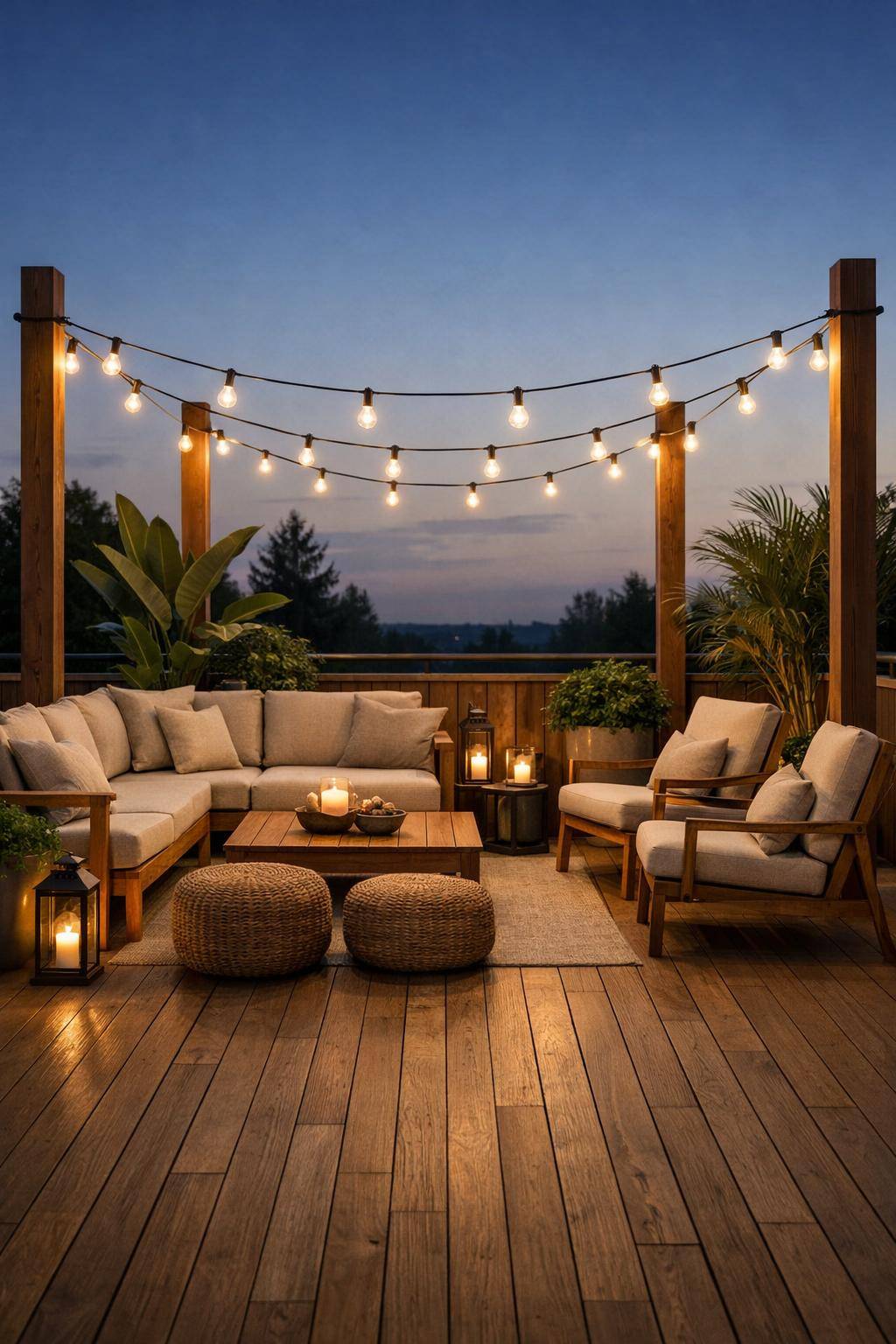Ideen und Inspiration für Holzterrasse- Befestige Hängeleuchten an Pfosten für Akzente