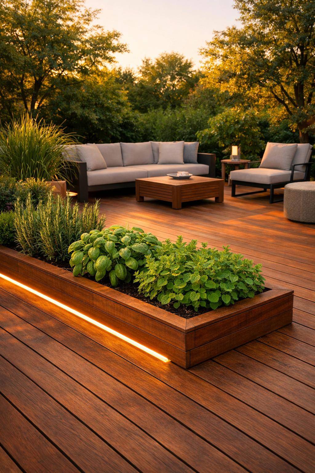 Ideen und Inspiration für Holzterrasse- Erschaffe einen kleinen Kräutergarten am Rand