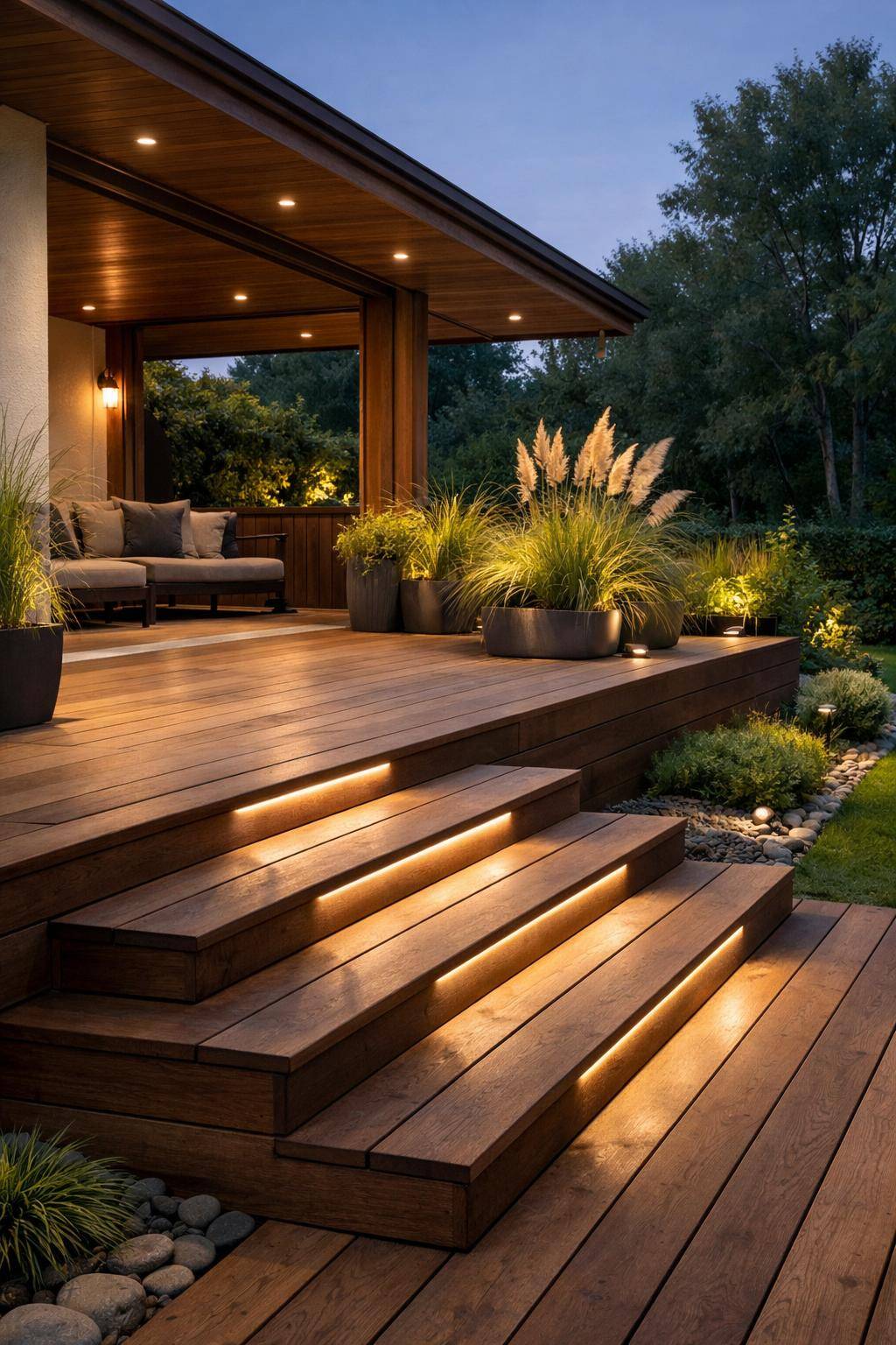 Ideen und Inspiration für Holzterrasse- Installiere Treppenstufen mit LED-Spots